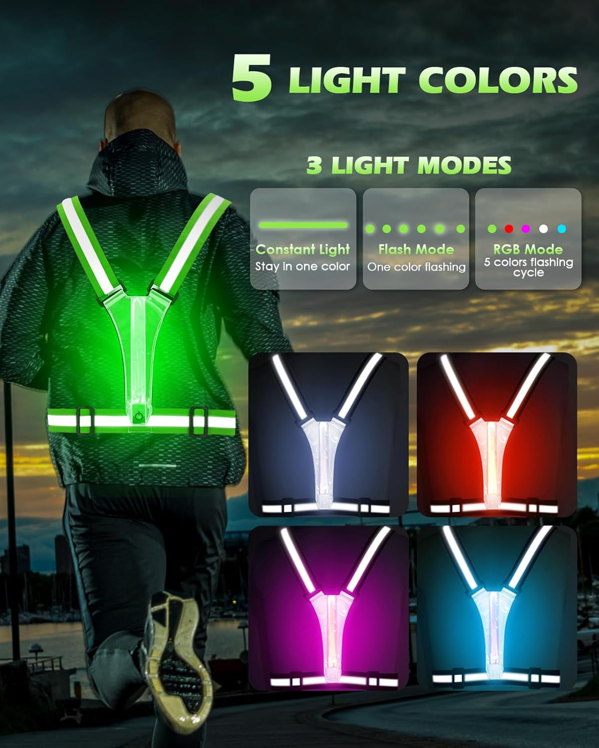 Zacro LED Laufweste Reflektorweste Warnweste Wiederaufladbare Lauflampe, Reflektorweste Leuchtweste Reflektierende Weste Einstellbare Aufladbar USB Lauflicht Für Joggen Wandern Oder Radfahren