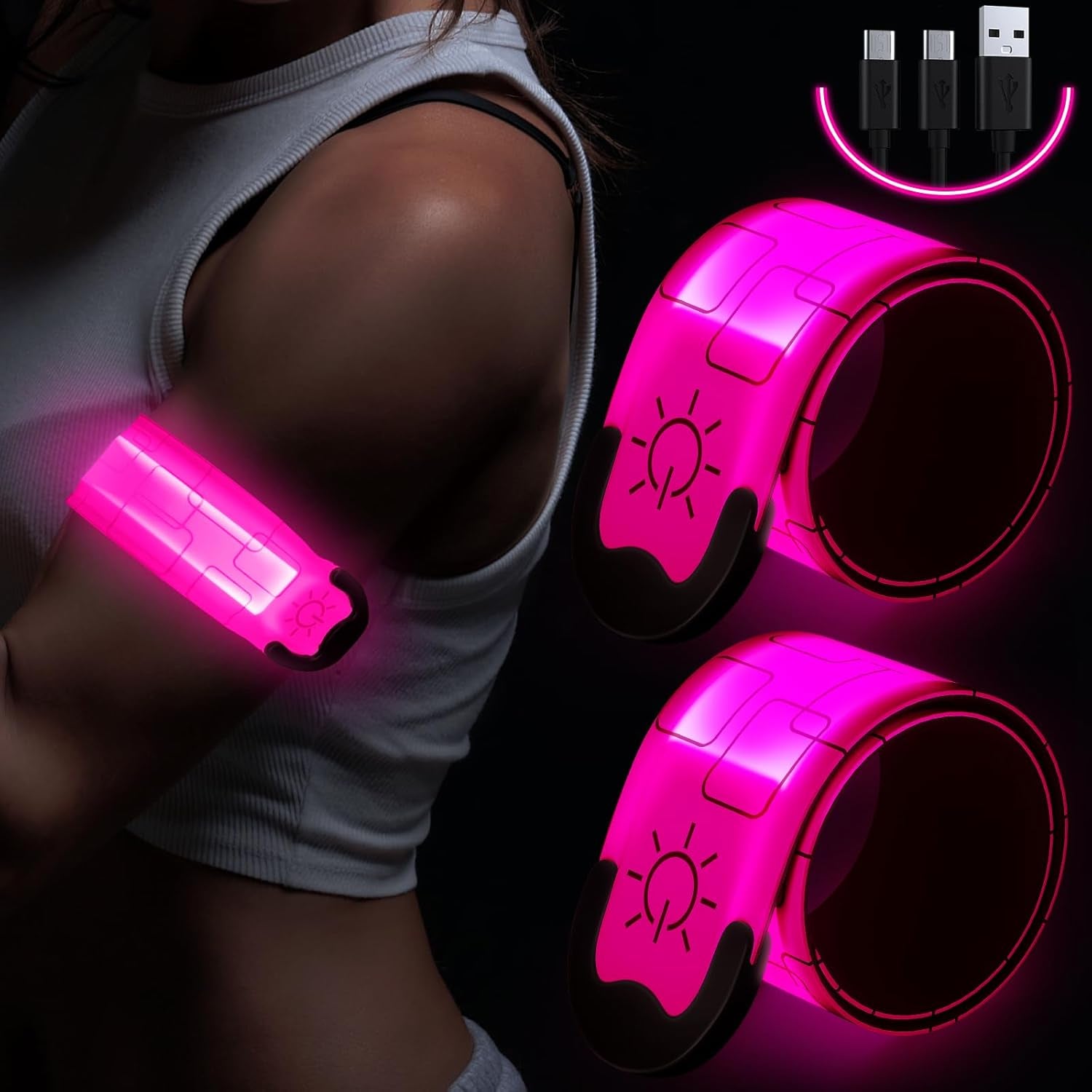 Upgrade Led Armband Aufladbar, 2 Stück Reflective Leucht Armbänder Licht Armband Kinder Leuchtbänder USB Reflektorband Leuchtarmband Reflektorband Nacht Sicherheits Licht Für Joggen Laufen Running